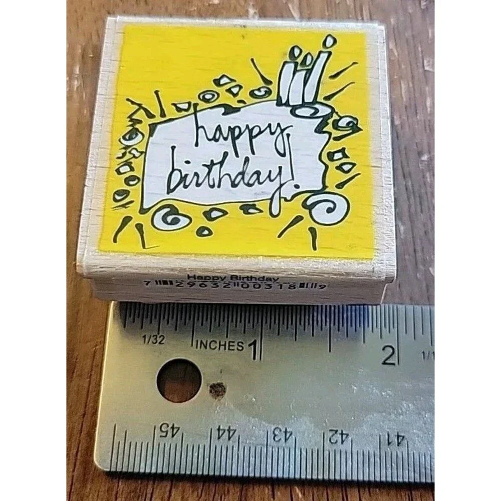 Rubber Stamp - Happy Birthday Script On Birthday Cake - Wood - Vap! Scrap